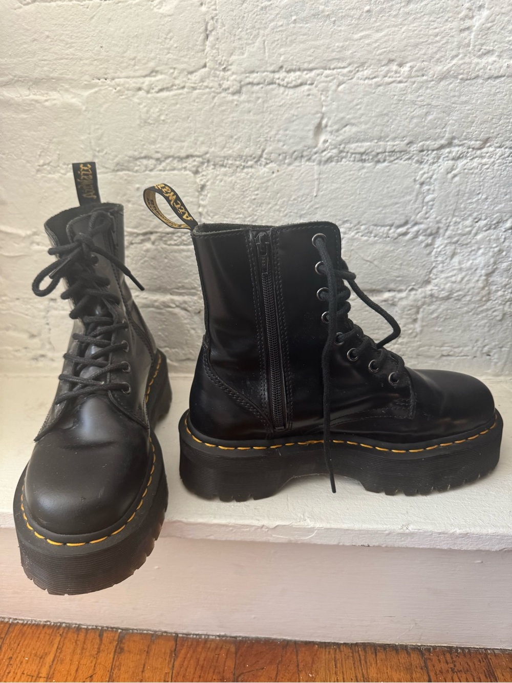 Dr. Martens Black Leather Platform Combat Boots with Yellow Stitching - Picture 4 of 8
